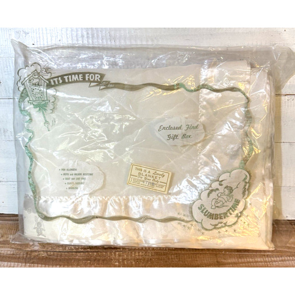 NIP Vintage White "Slumbertime" Baby Blanket Quilted Satin Embossed Trim Toys - Picture 1 of 6